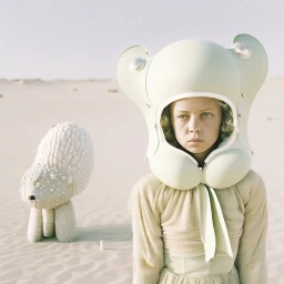 Child wearing a large pale green futuristic helmet standing in a desert next to a textured white animal-like creature