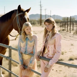 Two models in western style embellished jackets standing beside a horse near a desert fence