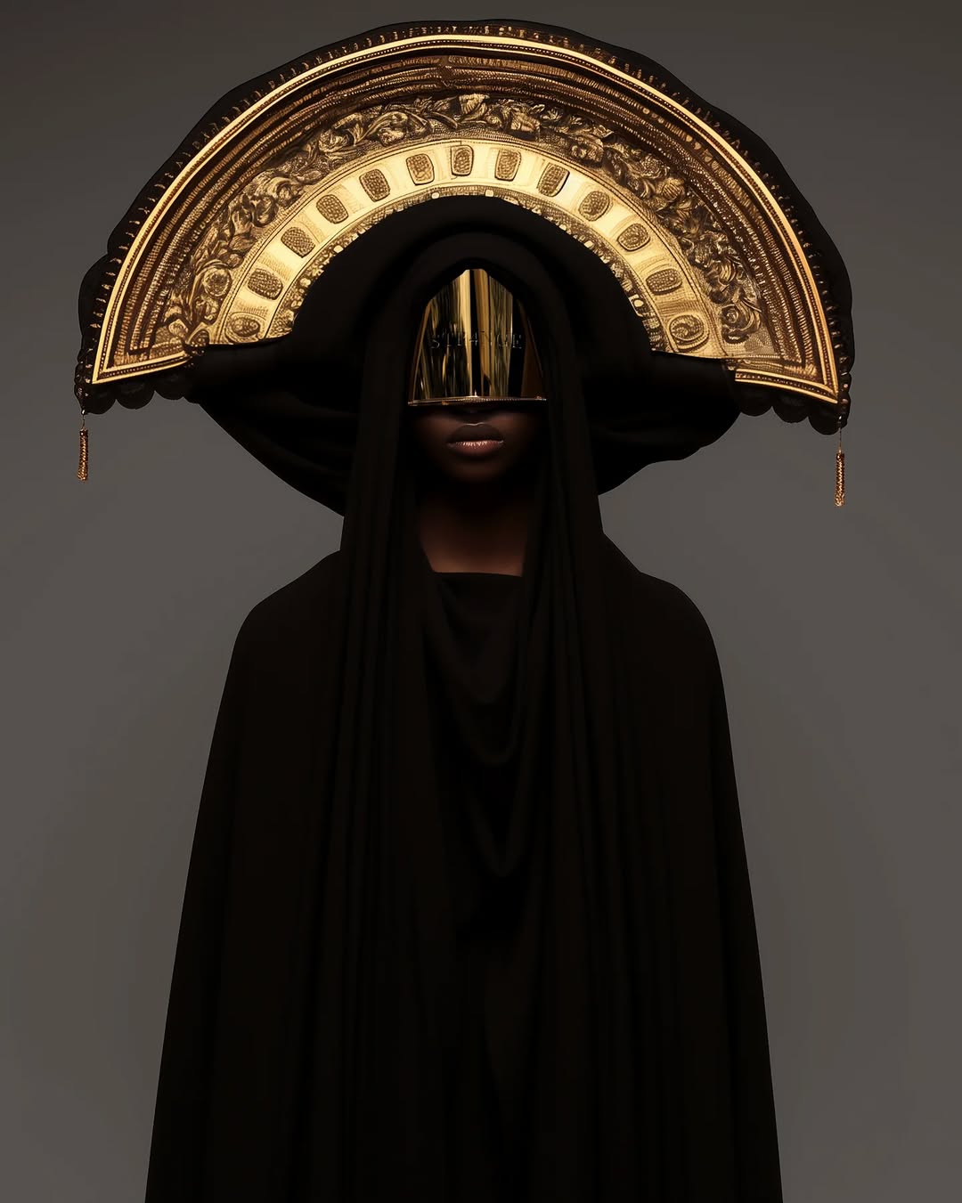 Artistic portrait of an adult female with dark skin wearing a dark, draped garment and large golden headpiece against a gray backdrop.