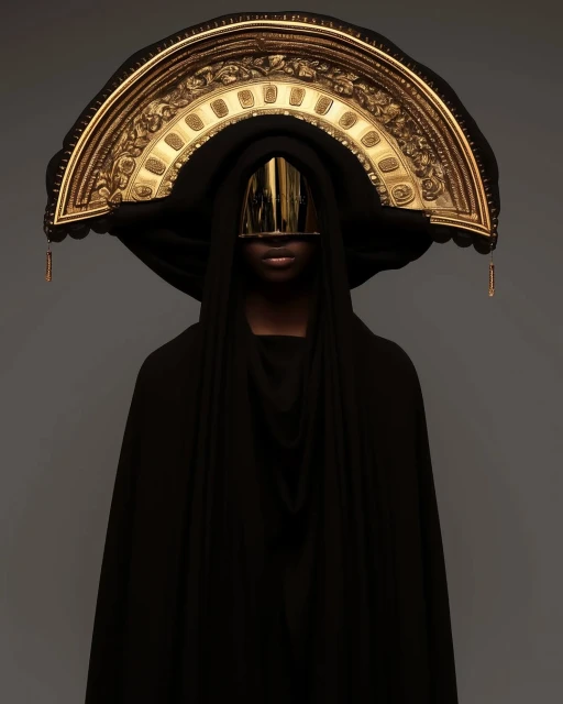 Artistic portrait of an adult female with dark skin wearing a dark, draped garment and large golden headpiece against a gray backdrop.