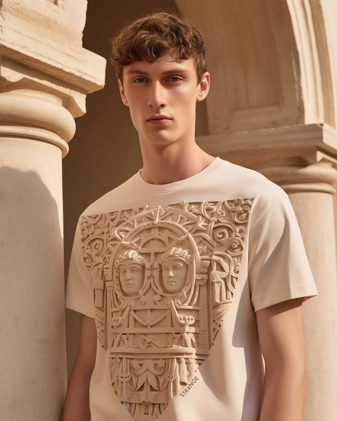 Young man in cream T-shirt with embossed art nouveau design posing in front of outdoor stone architecture bathed in warm light.