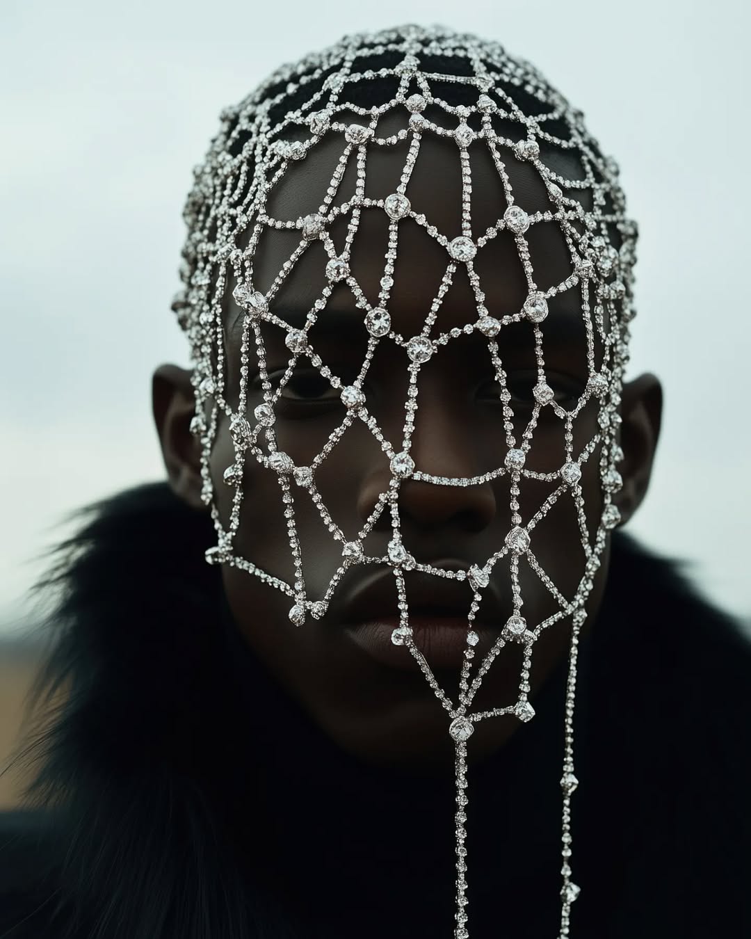 Portrait of a black male model wearing a jeweled headpiece and fur collar against a muted sky, close-up shot, high fashion.