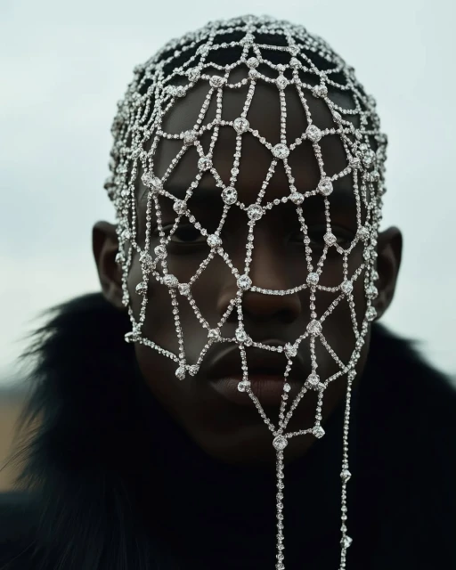 Portrait of a black male model wearing a jeweled headpiece and fur collar against a muted sky, close-up shot, high fashion.