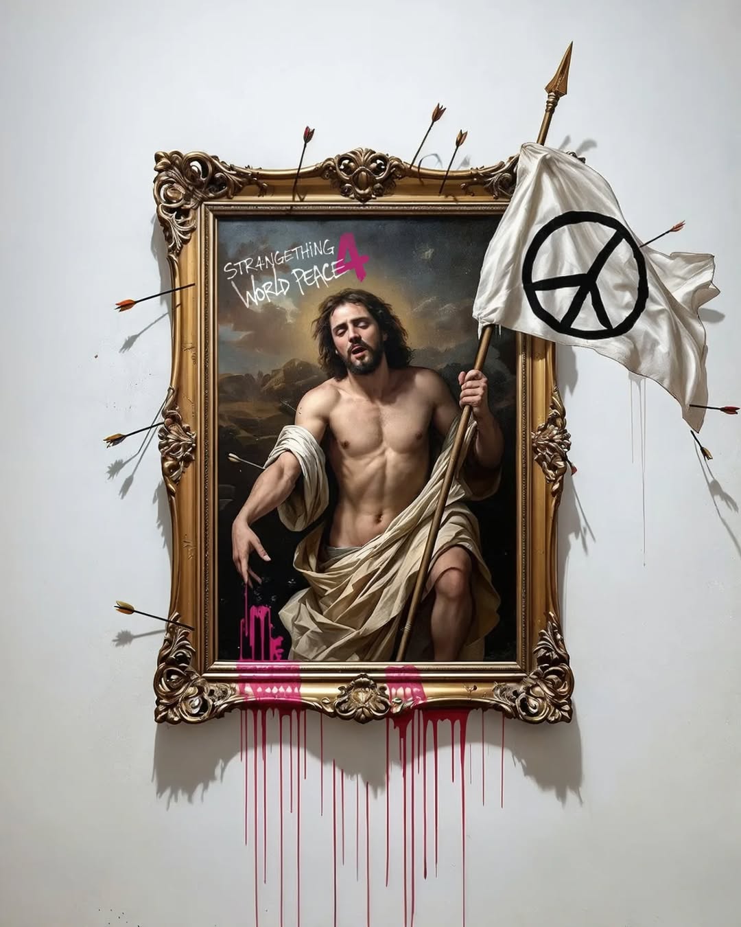Framed painting of a man with arrows, graffiti, and peace flag against a white wall, blending classical art with contemporary elements.