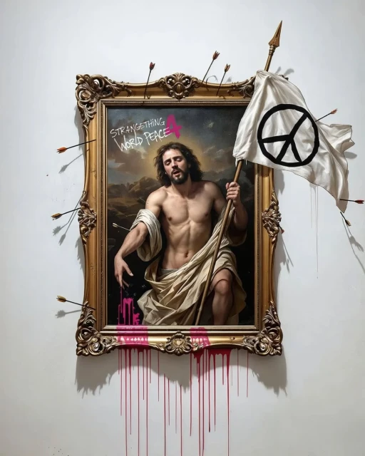 Framed painting of a man with arrows, graffiti, and peace flag against a white wall, blending classical art with contemporary elements.