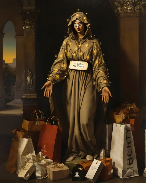 Digital art featuring a hooded figure adorned with string lights surrounded by shopping bags, blending religious iconography with consumerism.
