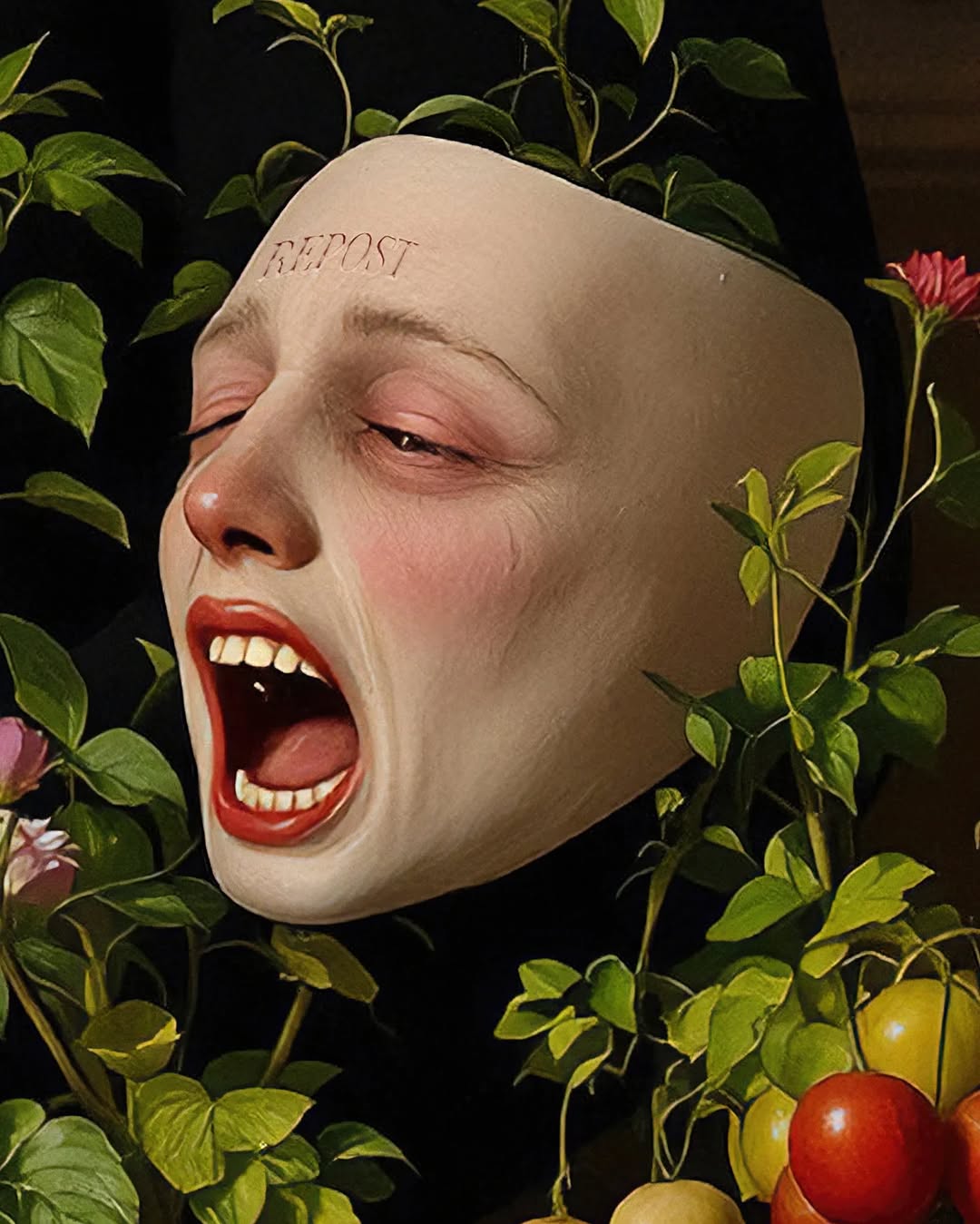 Dramatic artwork featuring a stylized face with open mouth, set against a dark backdrop and surrounded by green leafy plants and red fruits.