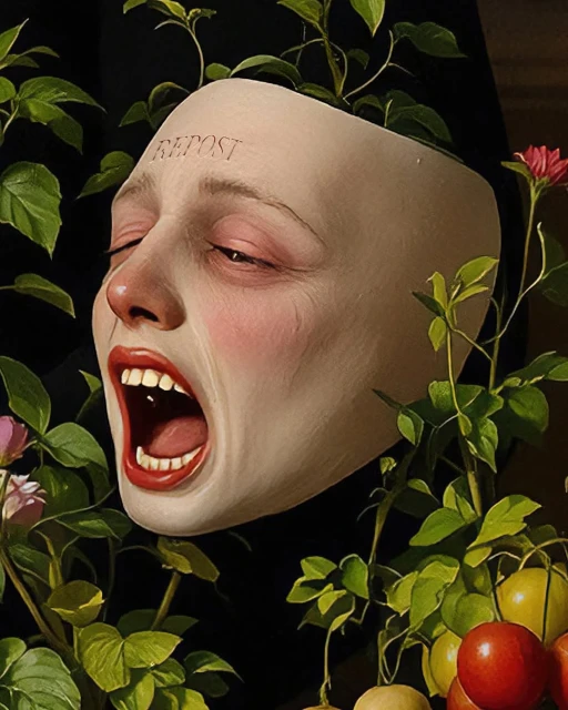 Dramatic artwork featuring a stylized face with open mouth, set against a dark backdrop and surrounded by green leafy plants and red fruits.