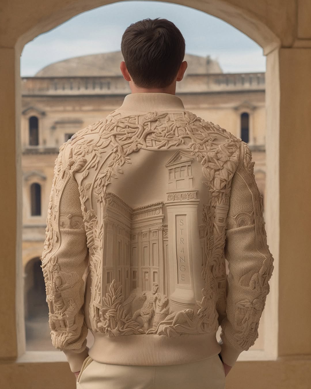 Man indoors wearing a highly embellished beige jacket with architectural relief and foliage design, looking out through an arched window.