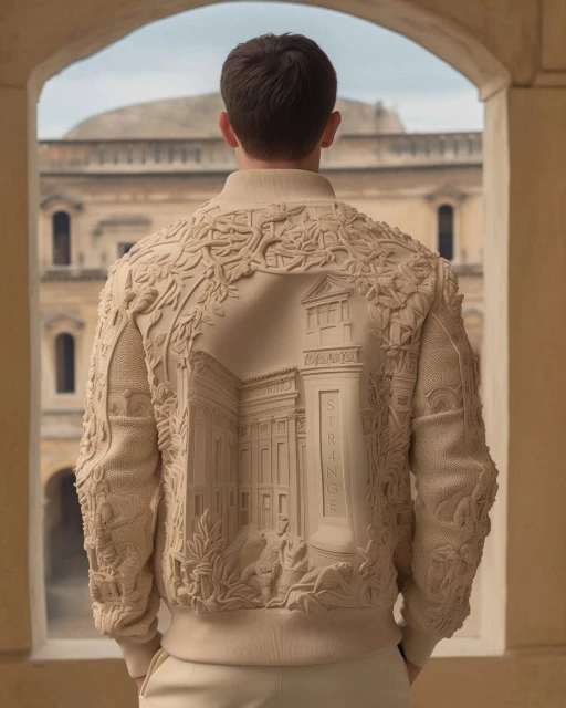Man indoors wearing a highly embellished beige jacket with architectural relief and foliage design, looking out through an arched window.