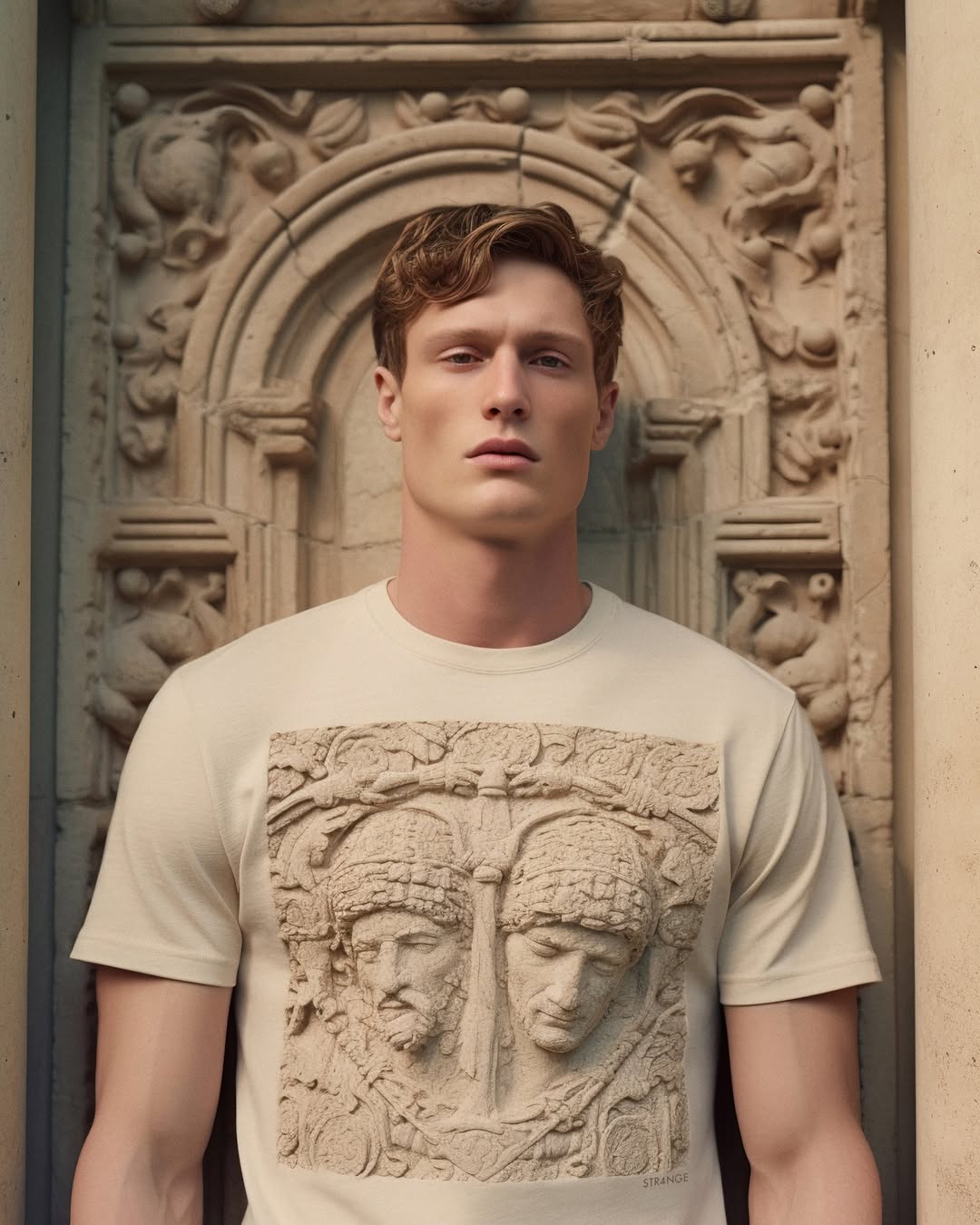 Adult male poses in a tan tee-shirt that features a stone sculpture graphic in front of a carved stone wall with nature motifs.