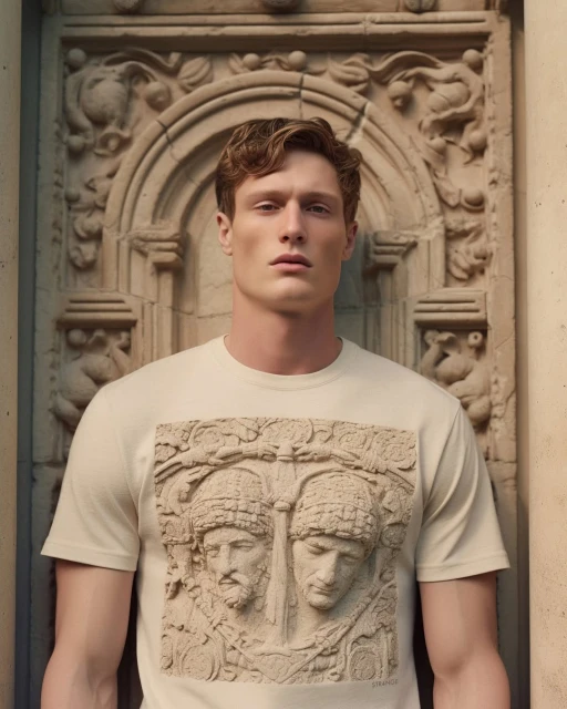 Adult male poses in a tan tee-shirt that features a stone sculpture graphic in front of a carved stone wall with nature motifs.