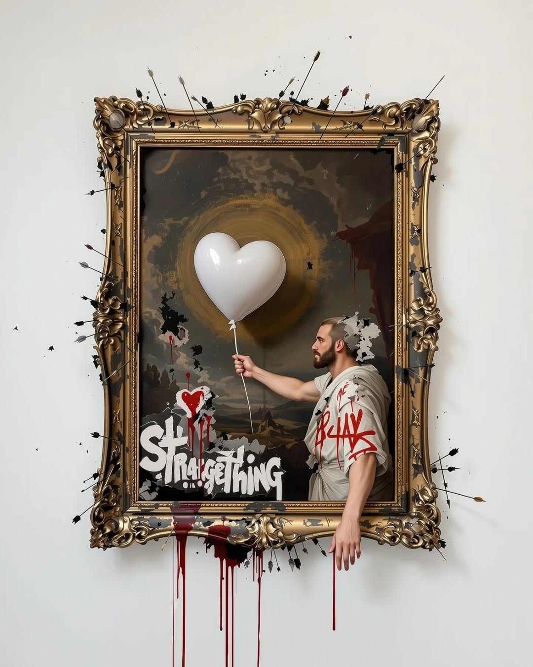 Man in a toga within an ornate gold frame, holding a white heart balloon; arrows protrude from the frame, and blood-like paint drips down.