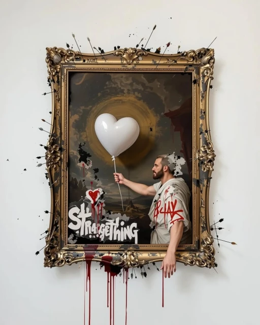 Man in a toga within an ornate gold frame, holding a white heart balloon; arrows protrude from the frame, and blood-like paint drips down.