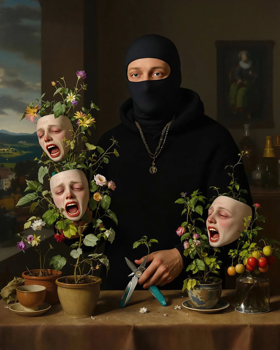 A masked person in a black hoodie tending to potted plants with screaming face sculptures in a still-life composition with a dark academia vibe.