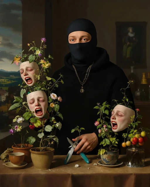 A masked person in a black hoodie tending to potted plants with screaming face sculptures in a still-life composition with a dark academia vibe.