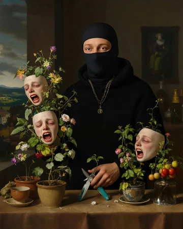 A masked person in a black hoodie tending to potted plants with screaming face sculptures in a still-life composition with a dark academia vibe.