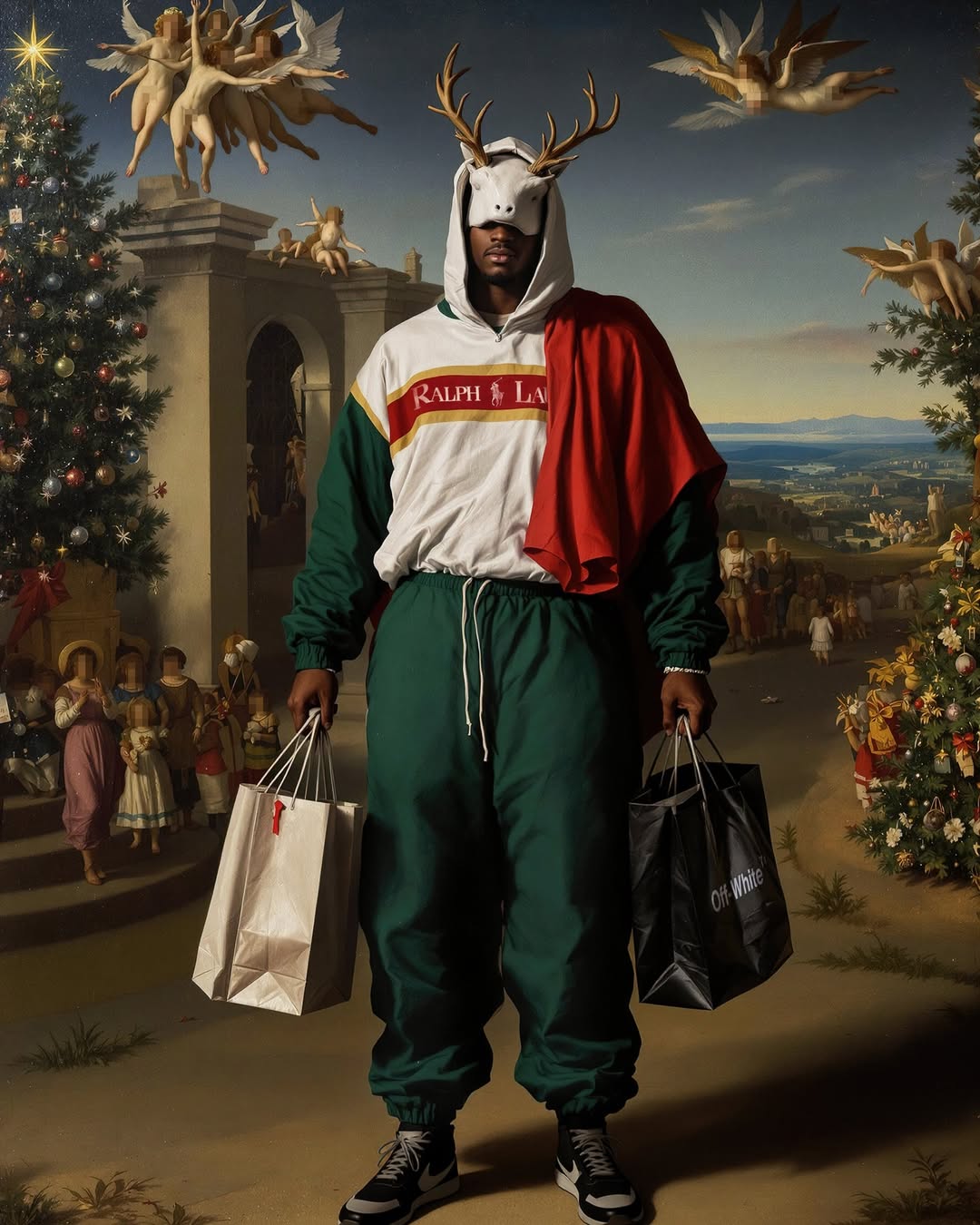 Man in hoodie and antlers holds shopping bags in a painterly, art-historical setting with angels and Christmas tree. 