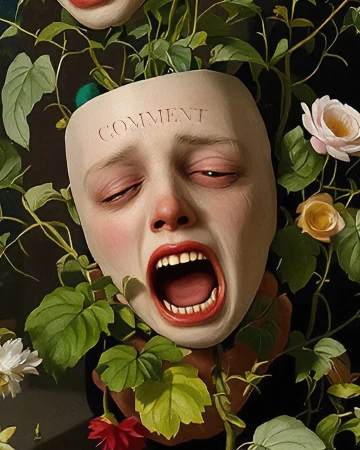 Surreal digital art of a sculpted crying face surrounded by green vines and flowers, with the word 'COMMENT' carved on forehead.