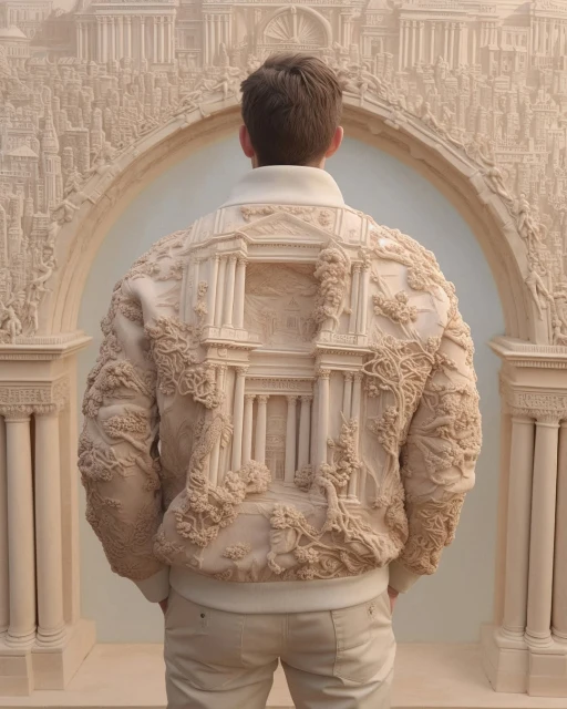Person wearing a jacket with architectural relief design, standing in front of an architectural backdrop, creating an artistic visual.