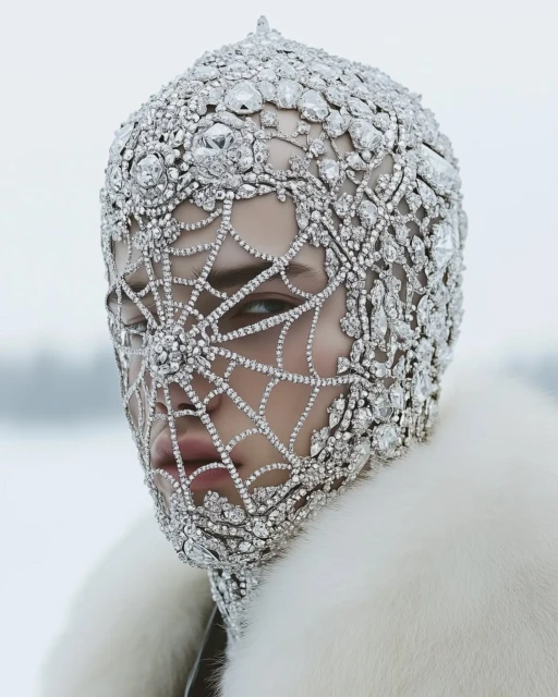 Elegant woman wearing a jeweled headpiece with a spiderweb design and a white fur coat against a blurred, snowy outdoor background.