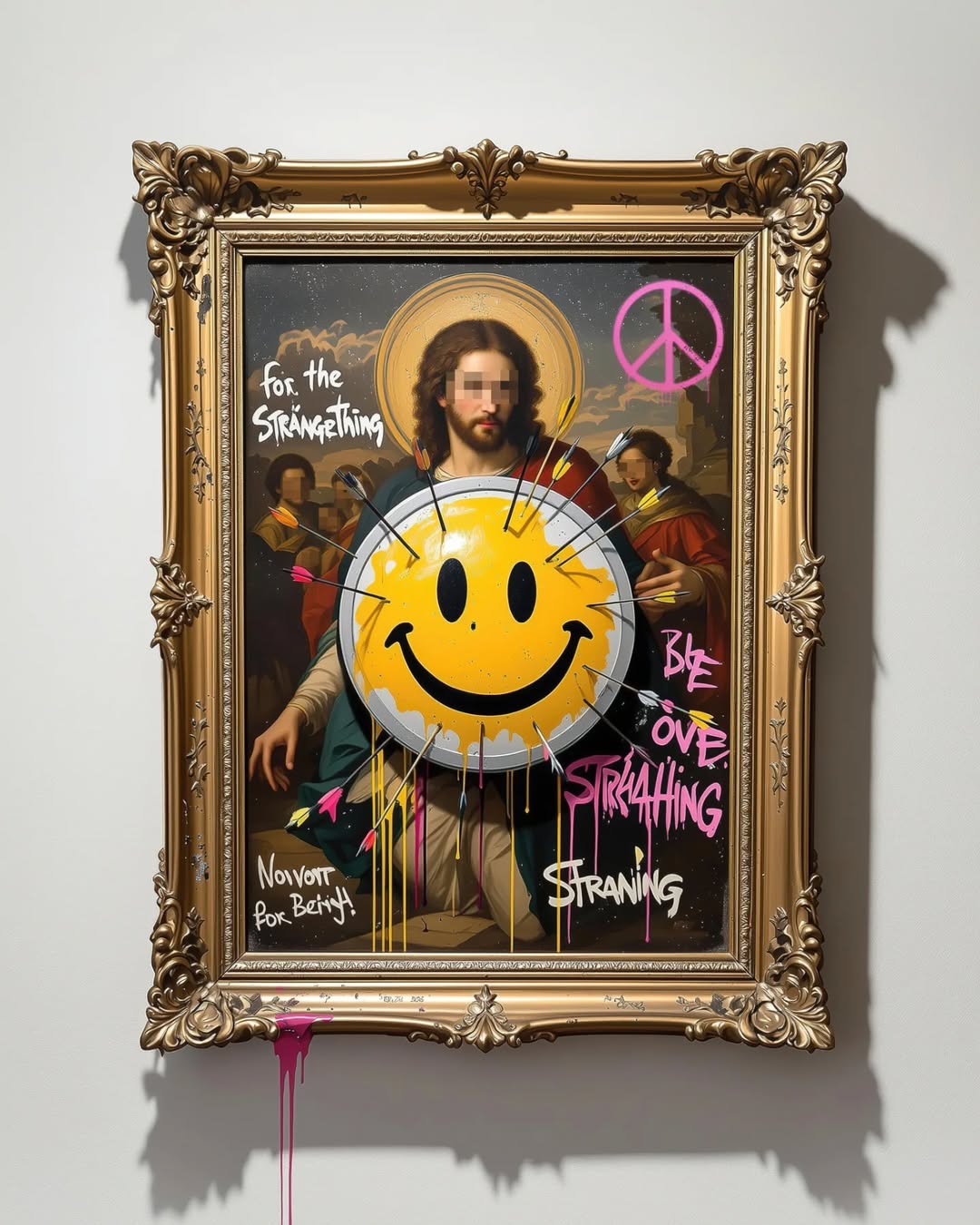 Framed painting with Jesus, a smiley face target with arrows, and graffiti in bright colors against a white wall backdrop.