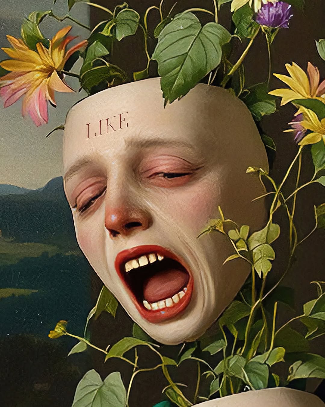 Surreal portrait of a fair-skinned adult with flowers and foliage in the head and an open mouth, set against a muted landscape.