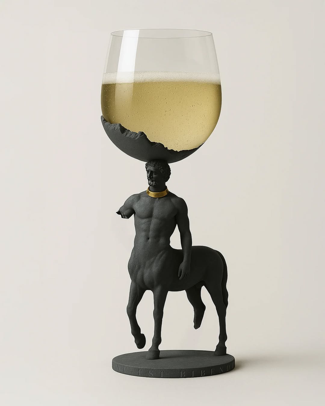 Statue wine glass: Centaur sculpture supports wine glass filled with liquid. Dark grey sculpture against neutral background. Drinkware.