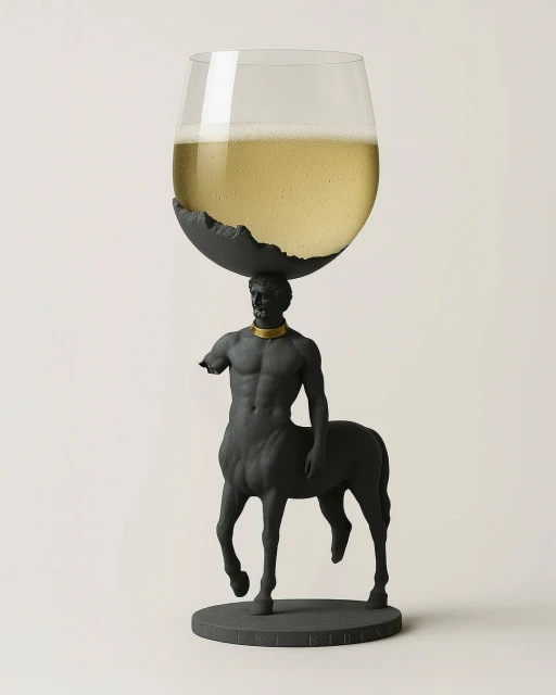 Statue wine glass: Centaur sculpture supports wine glass filled with liquid. Dark grey sculpture against neutral background. Drinkware.