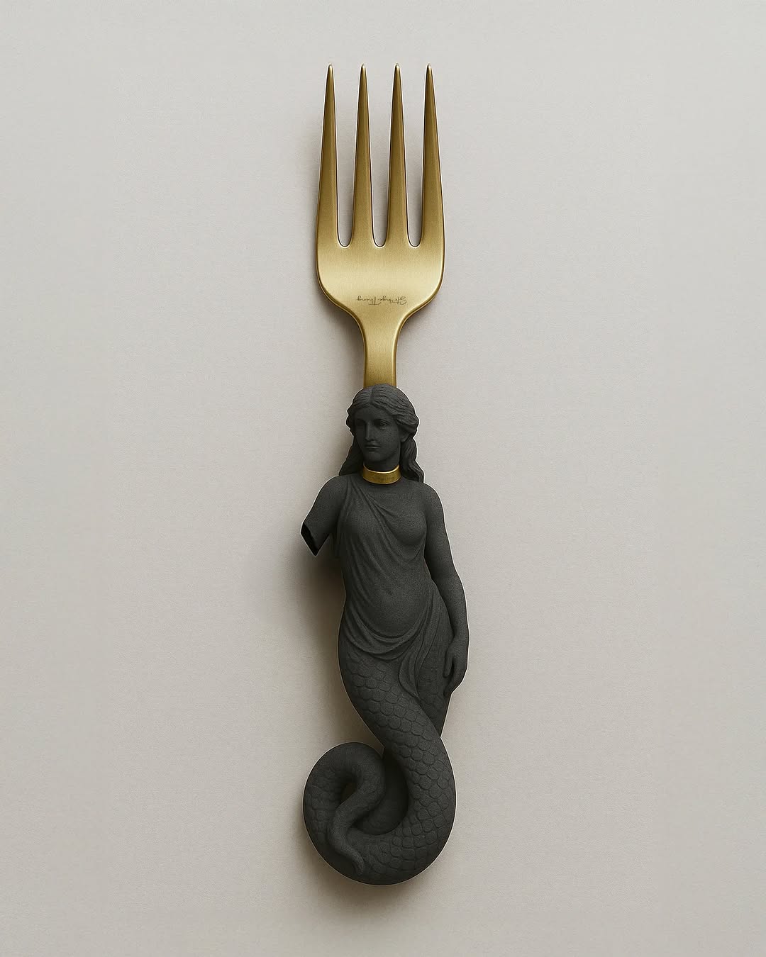 A stylized gold fork features a grey mermaid sculpture forming the handle, set against a soft white background. Food and beverage concept.