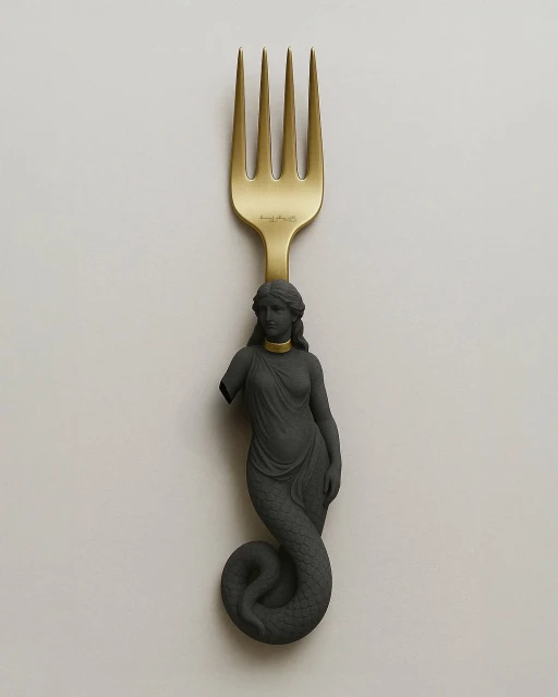 A stylized gold fork features a grey mermaid sculpture forming the handle, set against a soft white background. Food and beverage concept.