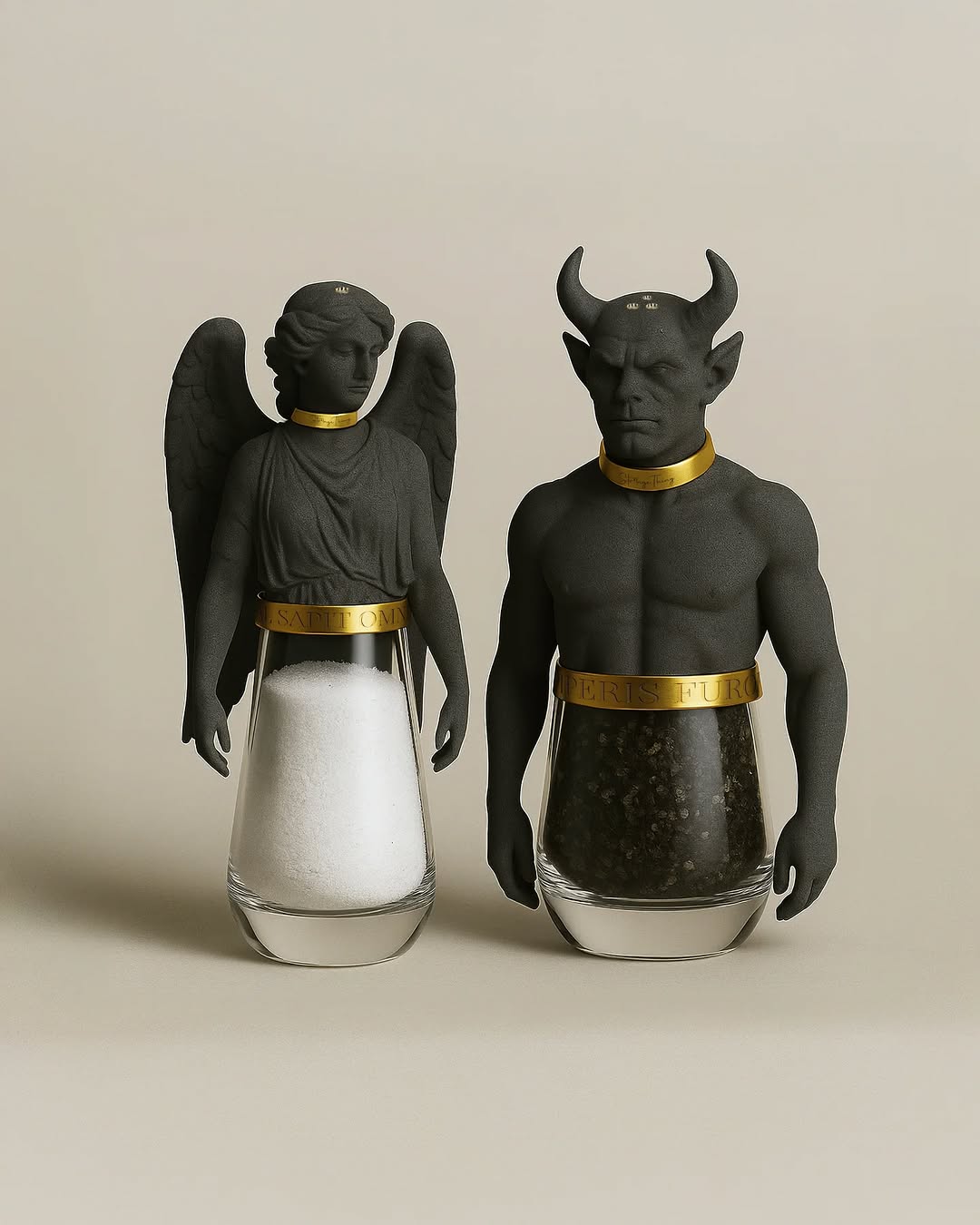 Angel and devil salt and pepper shakers: angel figure contains salt and devil figure contains pepper on a plain background.