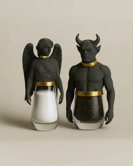 Angel and devil salt and pepper shakers: angel figure contains salt and devil figure contains pepper on a plain background.