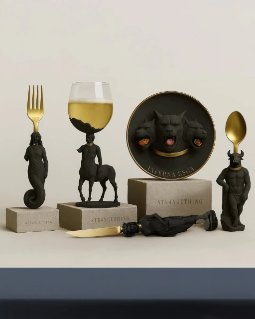 Still life of sculptural gold and black mythical utensil set with figures of mythological creatures on gray cubic pedestals.
