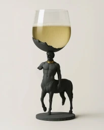 Surreal wine glass shaped like a black centaur statue supporting a clear bowl filled with white wine.