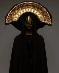 Portrait of a Black woman in a black hooded cloak wearing a golden metallic visor and large ornate golden halo headdress.