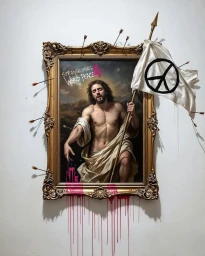 Classical oil painting in ornate gold frame pierced by arrows, holding white flag with peace sign by Str4nge Thing.