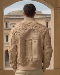 Rear view of a man wearing a beige bomber jacket featuring sculpted architectural relief on the back, framed by a stone archway.