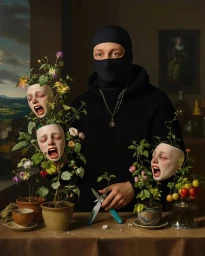 Person in a black balaclava holding shears beside potted plants featuring ceramic faces with blooming flowers.