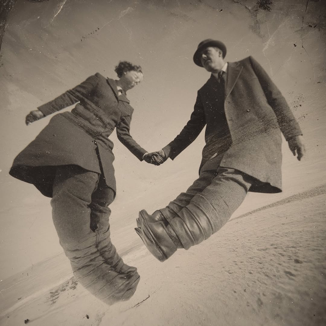 Vintage photo of a stylish couple in coats and hats holding hands while walking on a snow-covered ground against a bright sky.