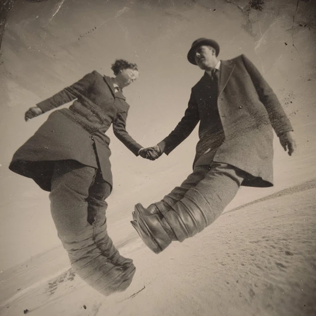 Vintage photo of a stylish couple in coats and hats holding hands while walking on a snow-covered ground against a bright sky.