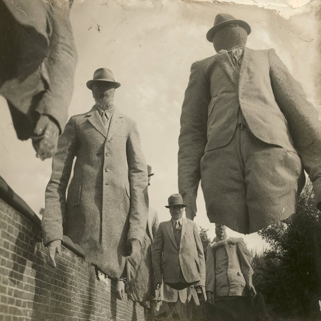 Monochrome photo of several men in suits and hats in a vintage or surreal style, with some figures appearing distorted, against a bright sky.