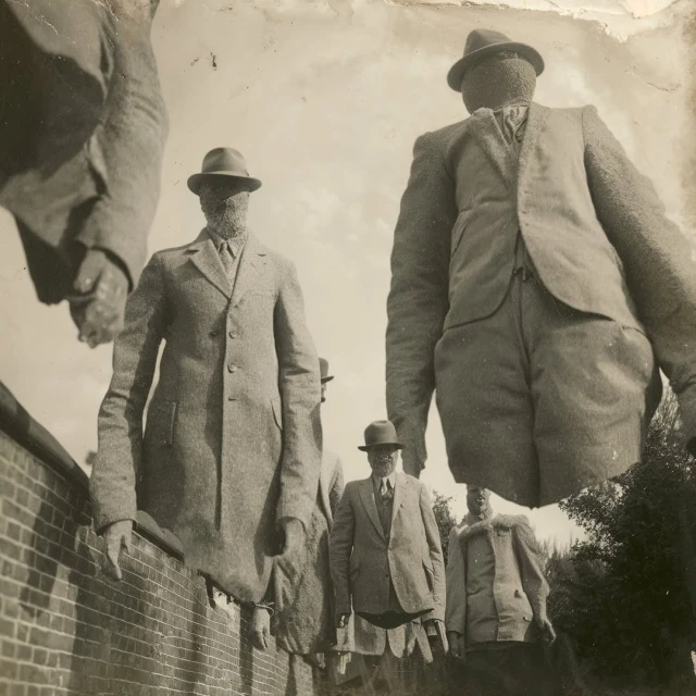 Monochrome photo of several men in suits and hats in a vintage or surreal style, with some figures appearing distorted, against a bright sky.