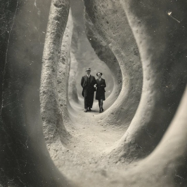 Couple walking through a stone tunnel with unique rock formations. The tunnel creates a series of frames, drawing focus to the pair.
