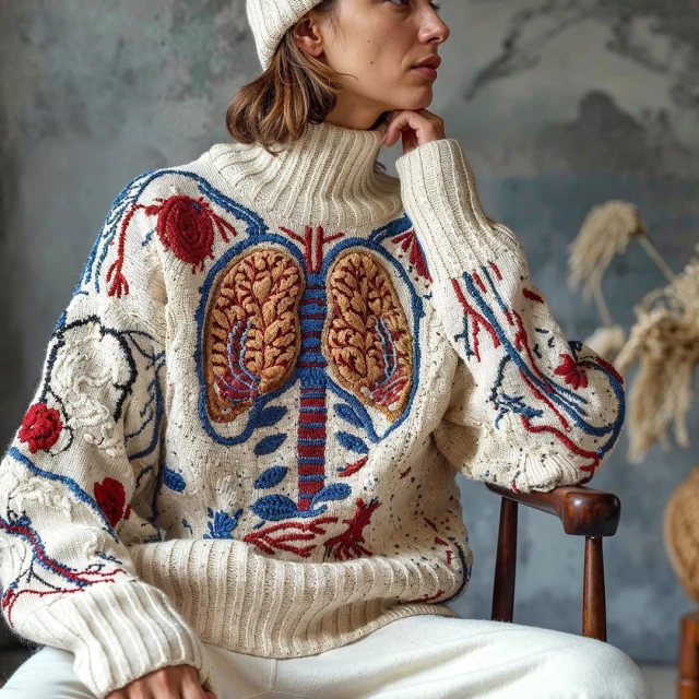 Adult female in a cream-colored cable-knit beanie and sweater with an anatomical lung design sitting on a wooden chair indoors.