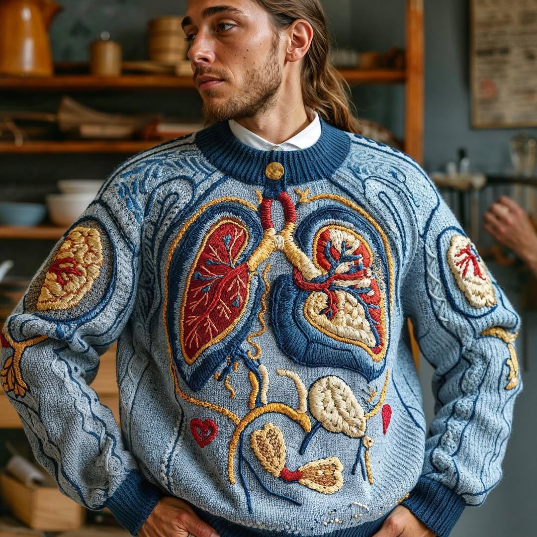 Man in blue knitted sweater with anatomical design indoors, featuring long hair and pensive gaze, wearing a white collared shirt. 