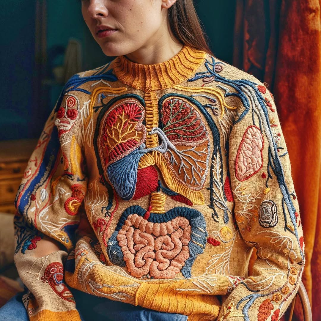 Adult female wearing an intricately embroidered sweater featuring internal organs, seated indoors in front of a patterned orange background.