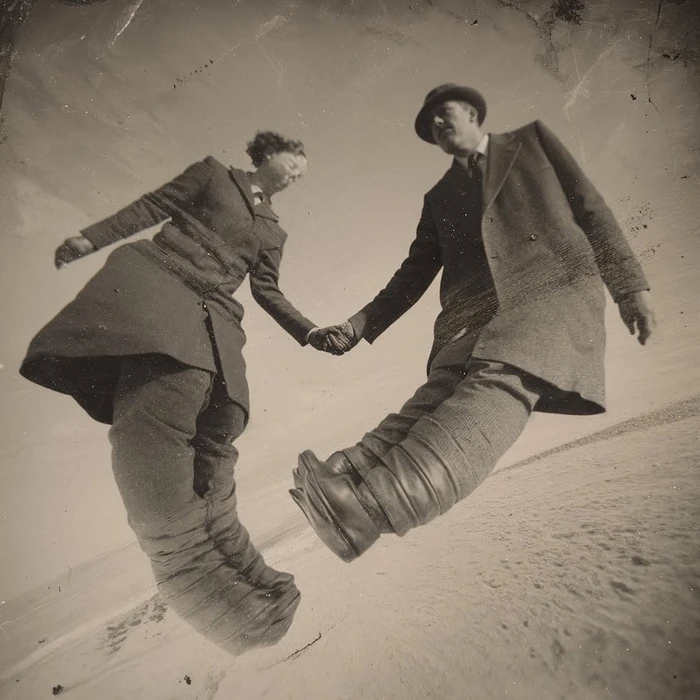 Vintage style sepia toned portrait of a couple holding hands in long coats and hats against an aged textured backdrop