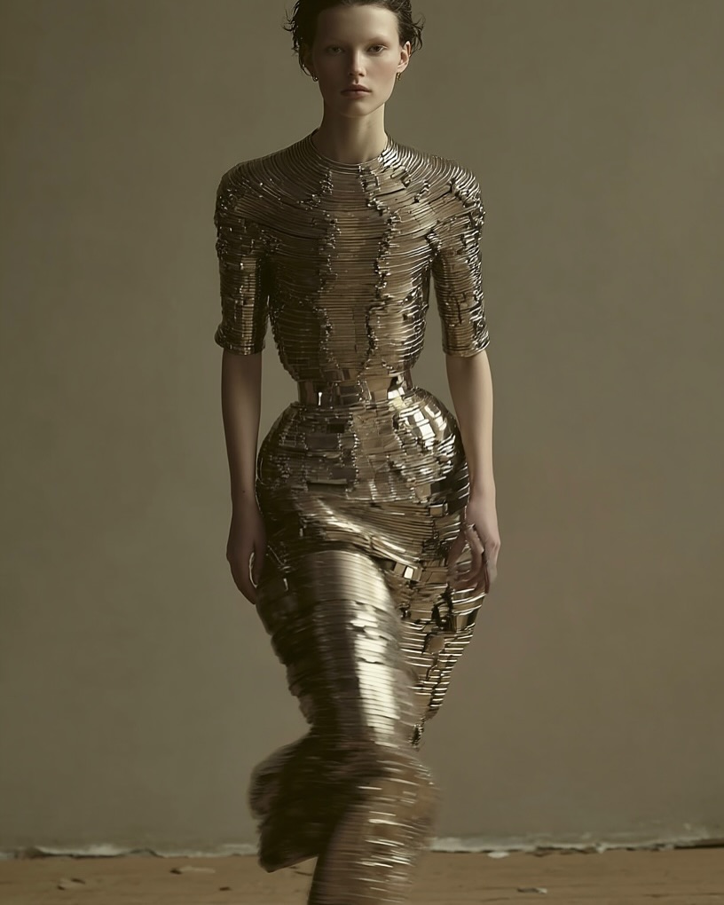 Fashion photography featuring a slim adult female fashion model wearing a couture dress with short sleeves in a studio setting.
