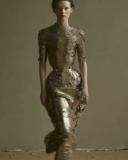 Fashion photography featuring a slim adult female fashion model wearing a couture dress with short sleeves in a studio setting.